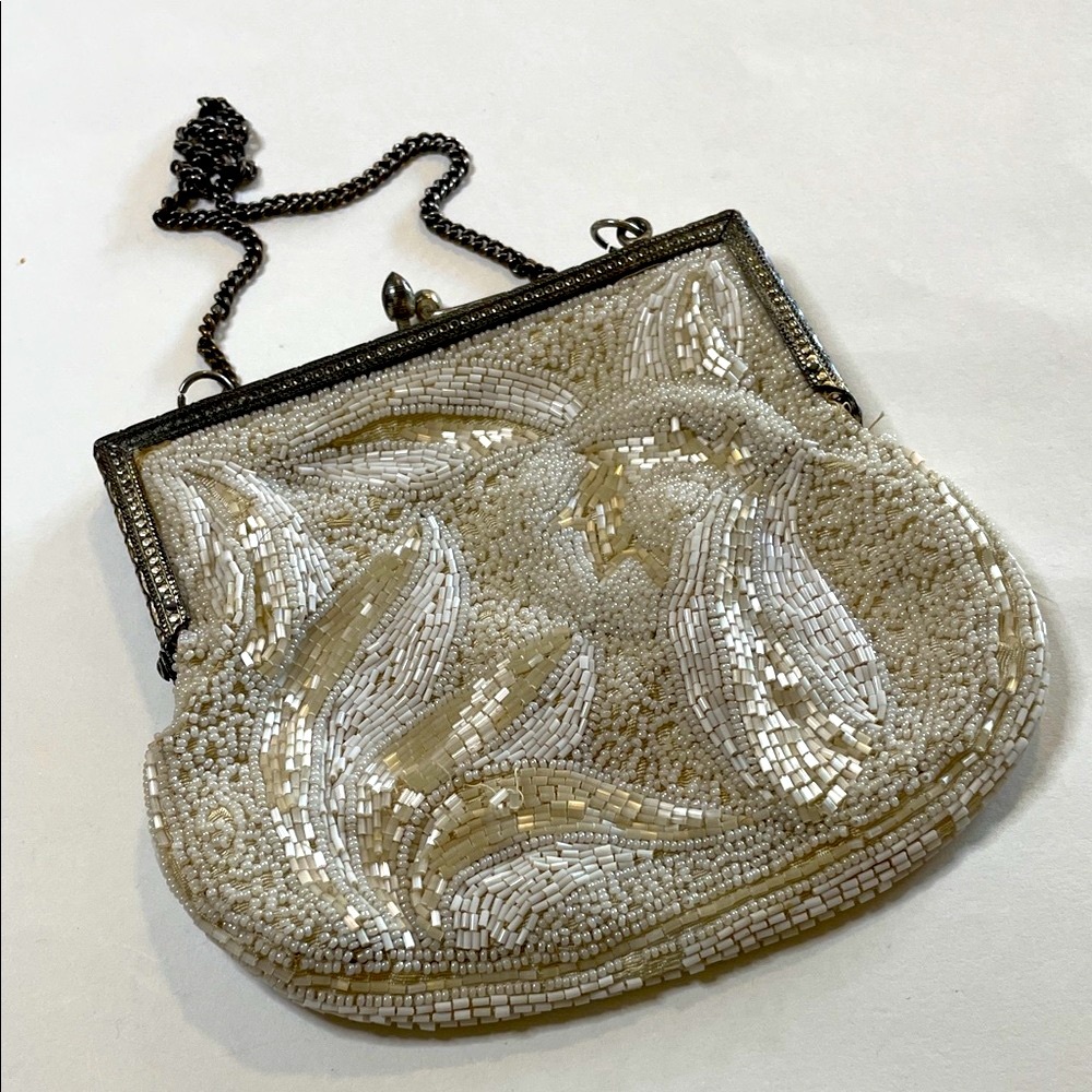 Antique Ivory Color Beaded Handmade Floral Design Silver Tone Clasp Purse